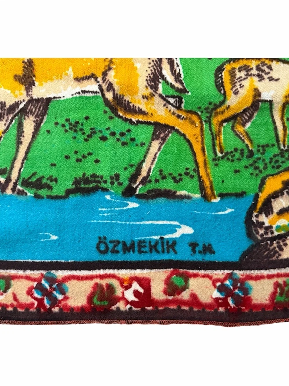 Vintage Ozmekik T.K. Deer Tapestry Wall Hanging Rug Fringe 50” x 27” Colorful